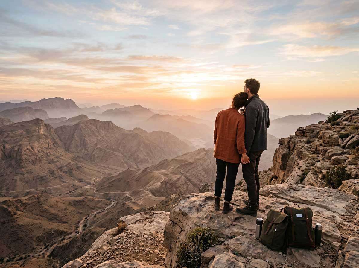 Couple enjoying a scenic UAE mountain viewpoint during a premium guided trail experience